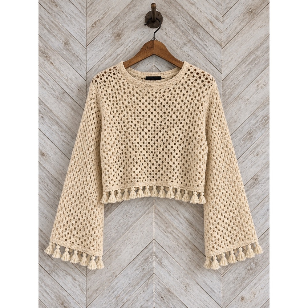 Kate C. Crochet Sweater Tassel Fringe Bell Sleeve Crop Beige S/M